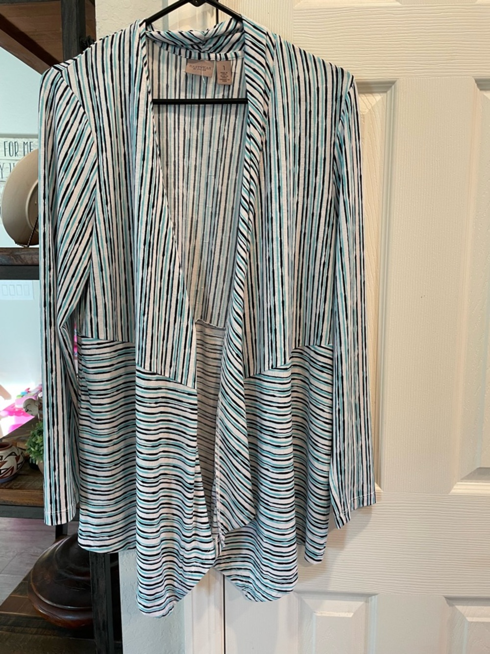 Chico’s Easywear Turquoise black white long sleeve striped open front cardigan